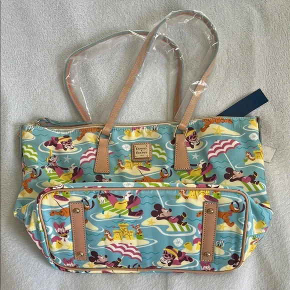 Disney Dooney & Bourke Summer Print Blue Tote with Tan Handles - Picture 4 of 6